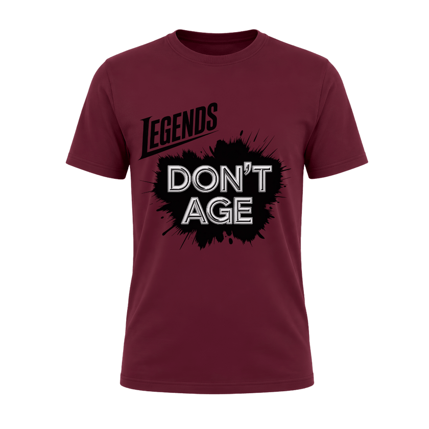 Maroon men’s Legends Don’t Age funny graphic tee, unique milestone birthday gift for dad, husband, brother or grandpa