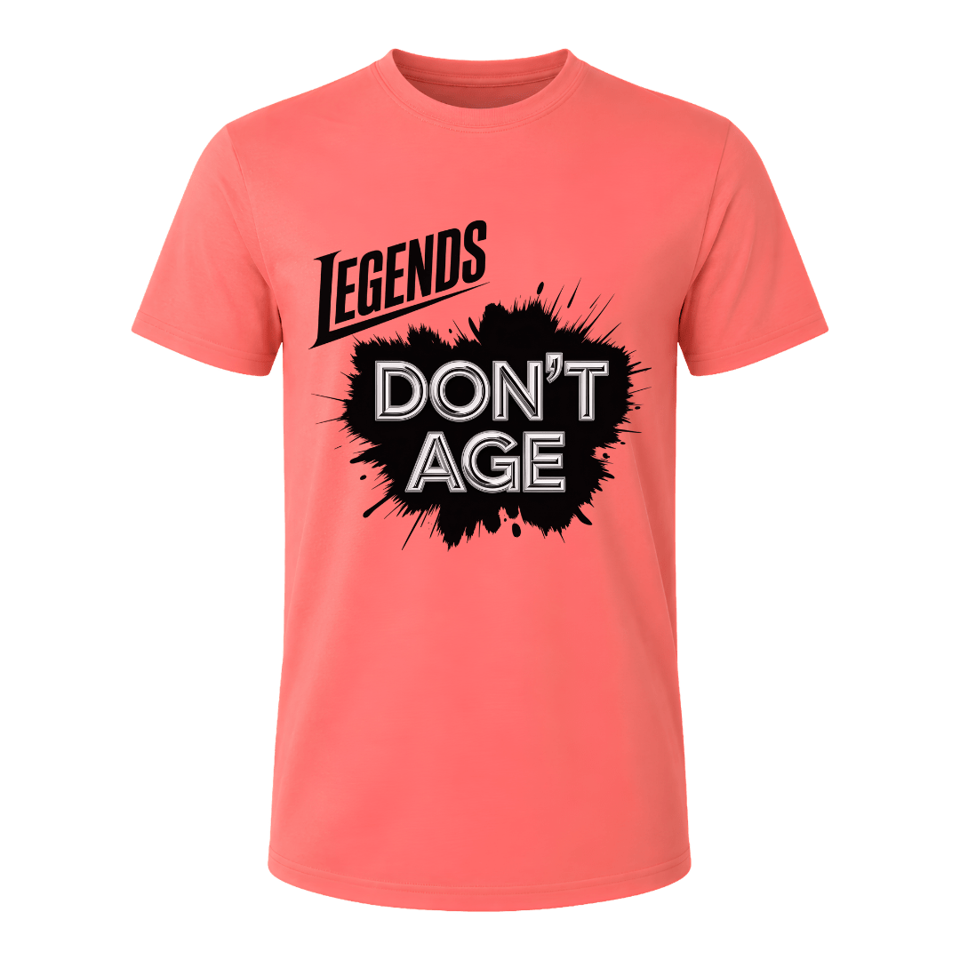 Coral silk Legends Don’t Age men’s graphic tee featuring bold statement typography for birthdays and everyday casual outfits