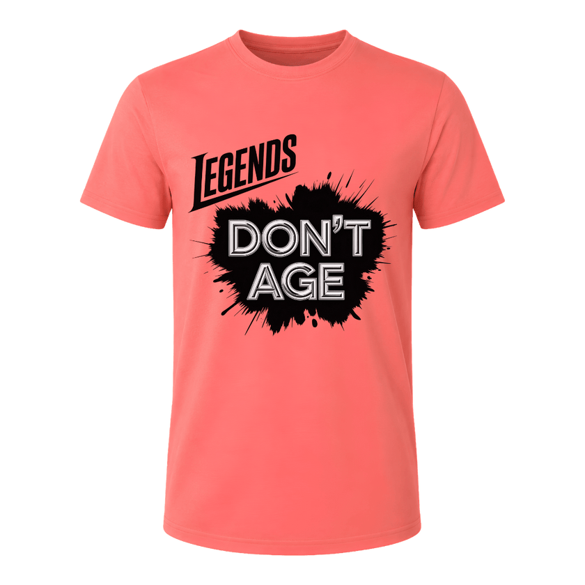 Coral silk Legends Don’t Age men’s graphic tee featuring bold statement typography for birthdays and everyday casual outfits