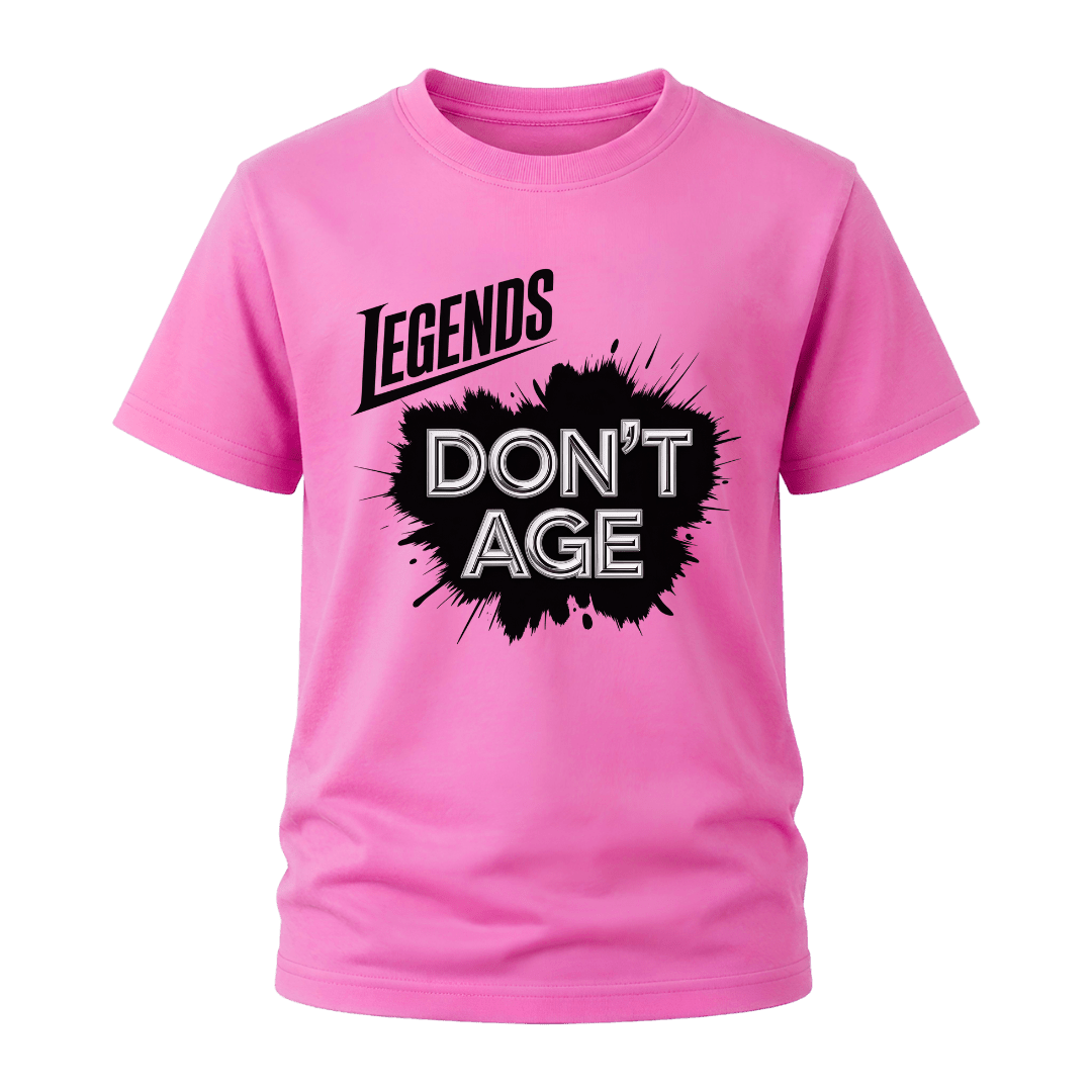 Legends Don’t Age men’s graphic T shirt in azalea pink featuring bold black and silver typography for a funny birthday gift