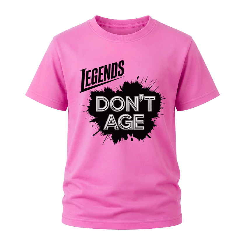 Legends Don’t Age men’s graphic T shirt in azalea pink featuring bold black and silver typography for a funny birthday gift