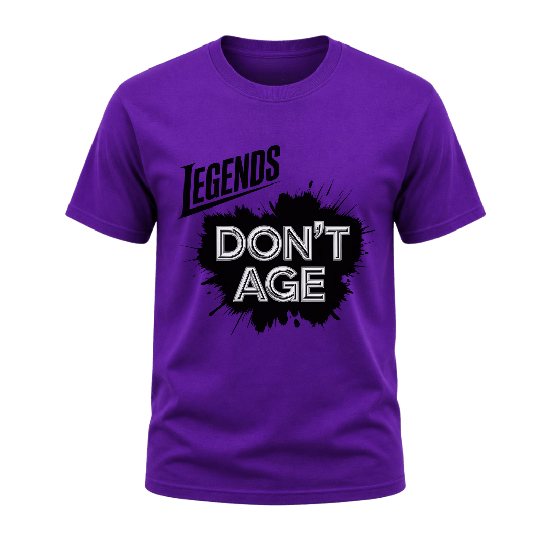 Purple Legends Don’t Age men’s graphic shirt with black splash design and silver lettering for a bold birthday gift for men