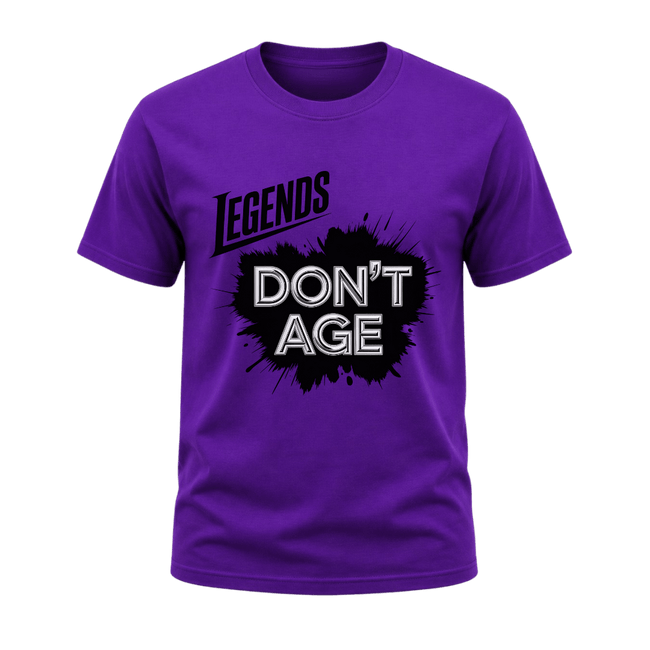 Purple Legends Don’t Age men’s graphic shirt with black splash design and silver lettering for a bold birthday gift for men