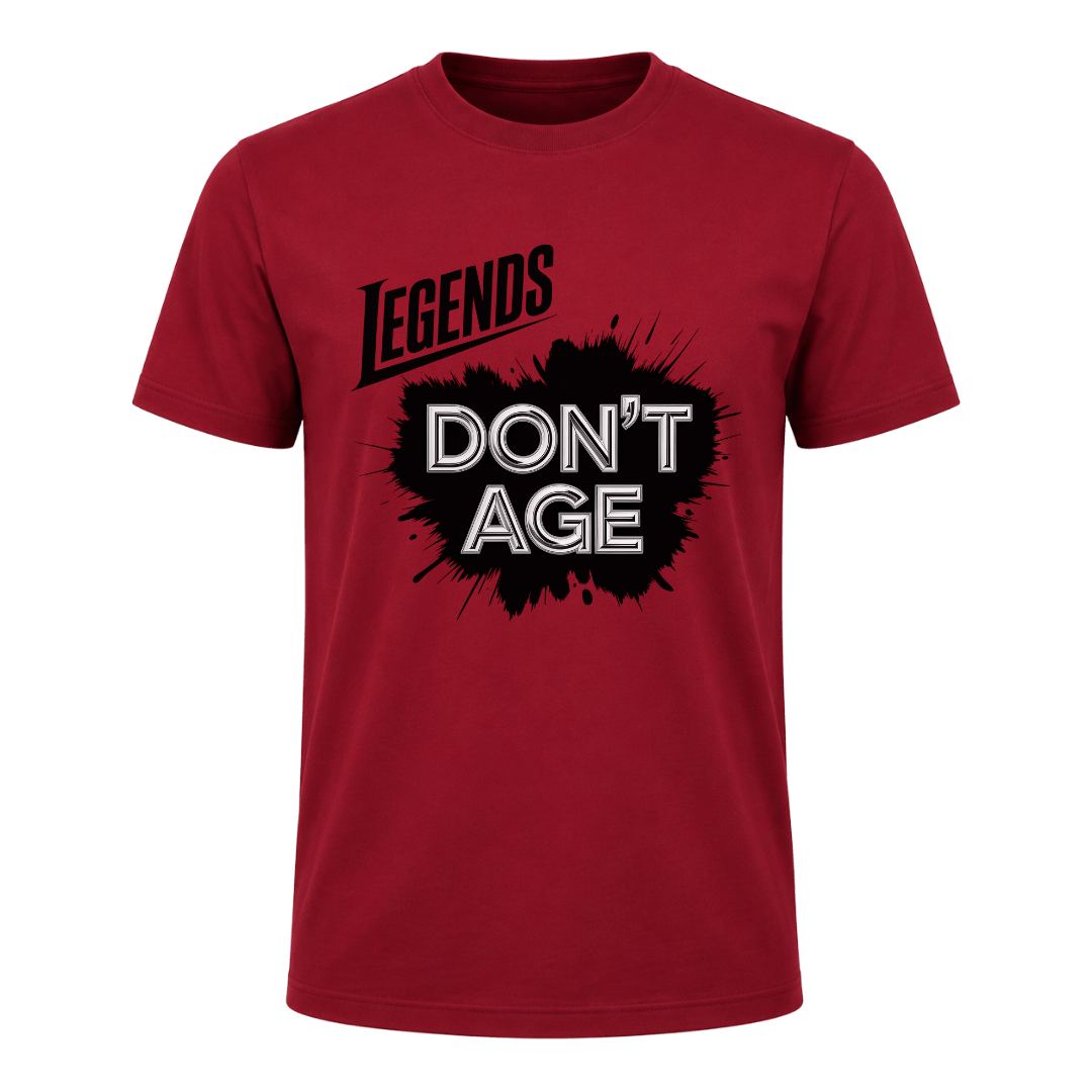 Cardinal red men’s Legends Don’t Age graphic shirt with bold statement design for birthdays, retirement parties and casual wear
