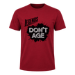 Cardinal red men’s Legends Don’t Age graphic shirt with bold statement design for birthdays, retirement parties and casual wear