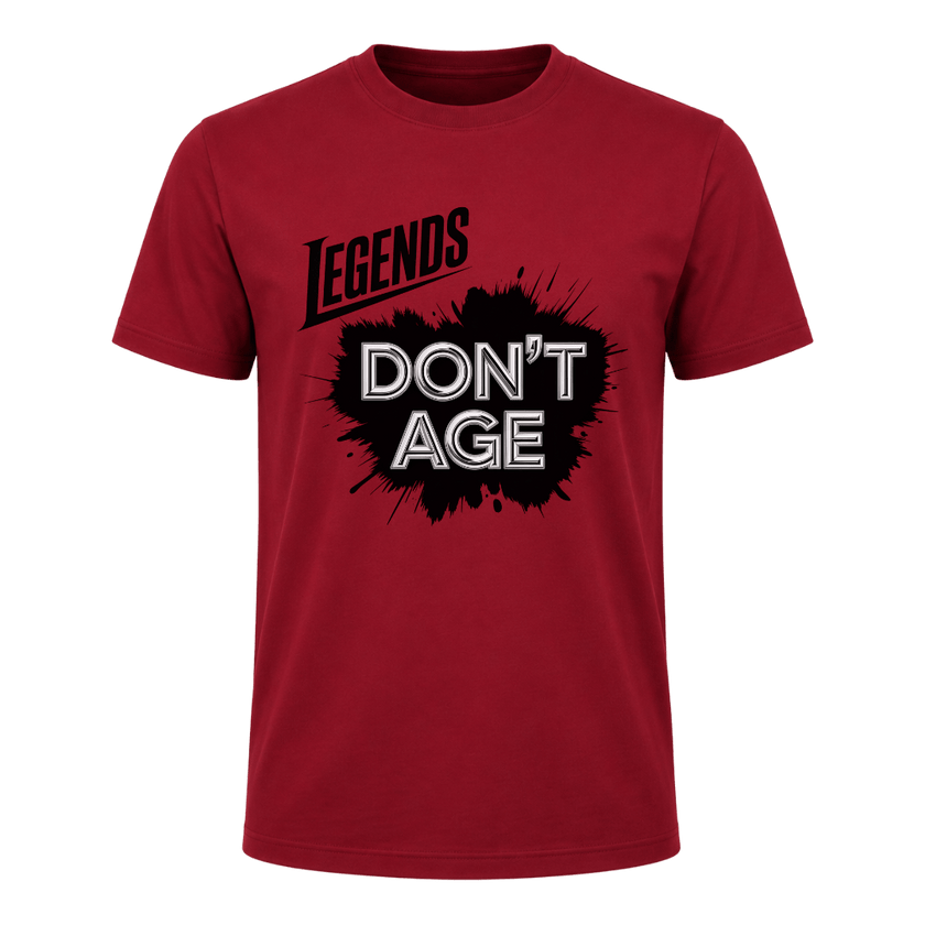 Cardinal red men’s Legends Don’t Age graphic shirt with bold statement design for birthdays, retirement parties and casual wear