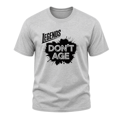Sport grey Legends Don’t Age men’s T shirt with bold black graphic, funny birthday clothing gift for dads, husbands and grandpas