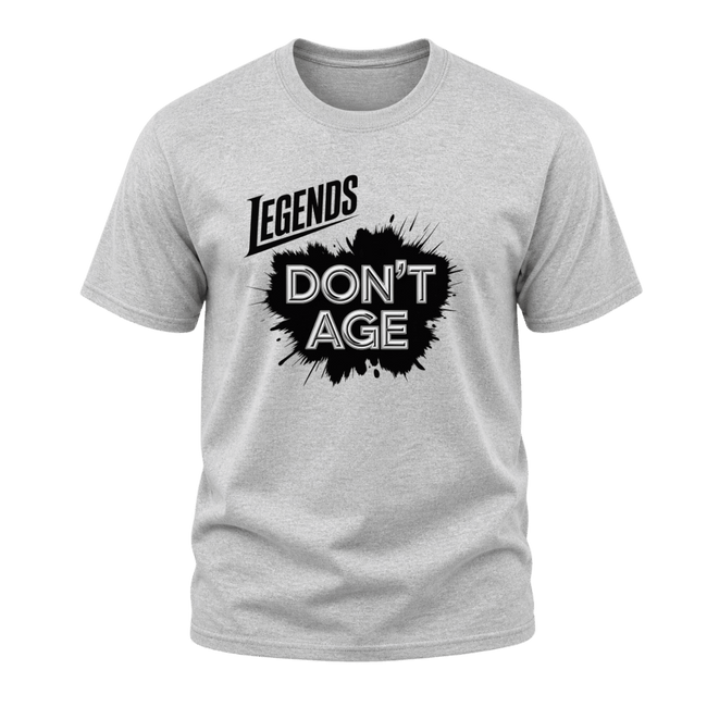Sport grey Legends Don’t Age men’s T shirt with bold black graphic, funny birthday clothing gift for dads, husbands and grandpas