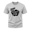 Sport grey Legends Don’t Age men’s T shirt with bold black graphic, funny birthday clothing gift for dads, husbands and grandpas