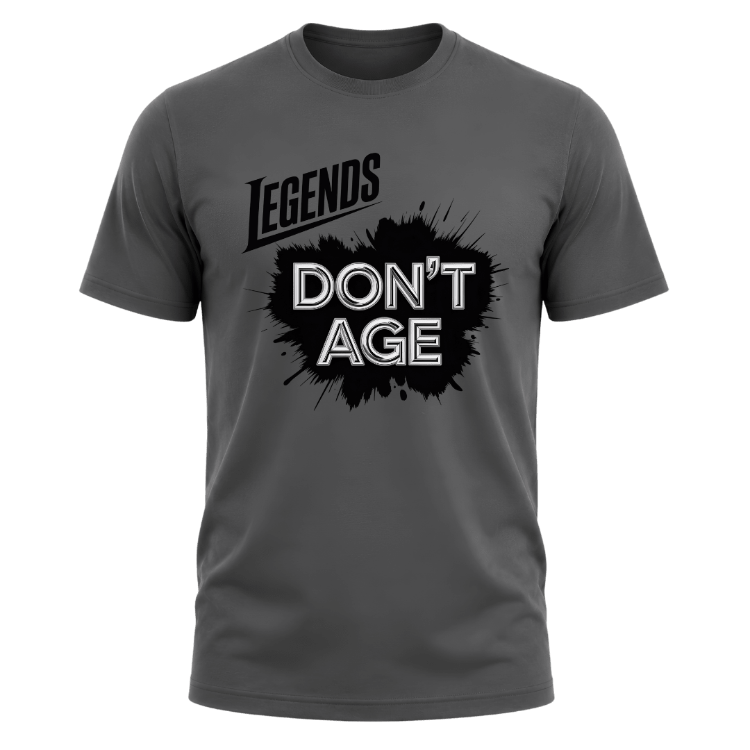 Charcoal grey men’s Legends Don’t Age T shirt with black splash graphic and silver lettering for a stylish funny birthday gift