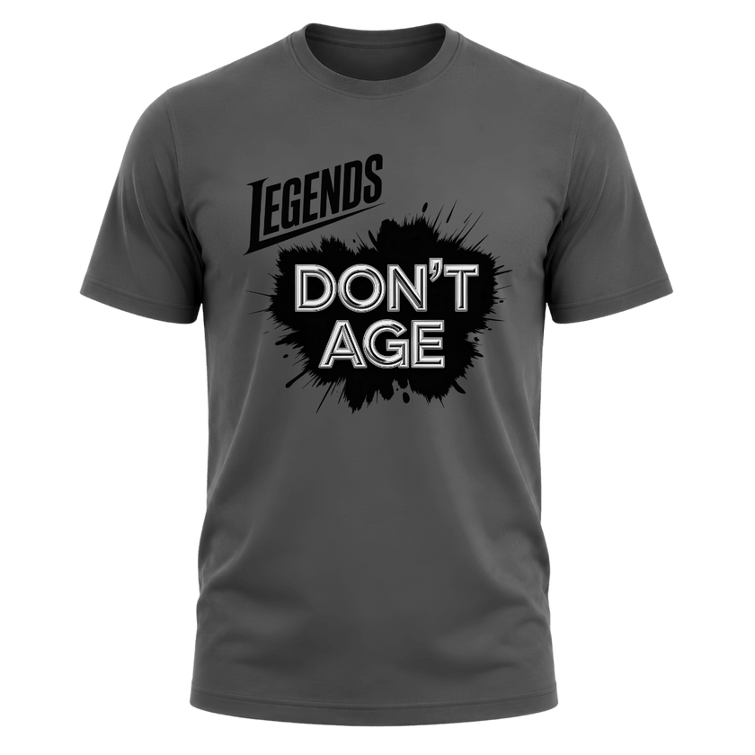 Charcoal grey men’s Legends Don’t Age T shirt with black splash graphic and silver lettering for a stylish funny birthday gift