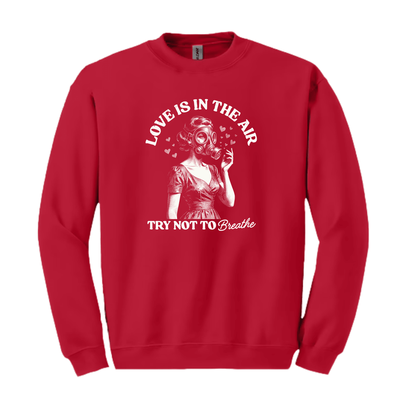 Vintage illustration Love Is In The Air humorous quote printed on cozy unisex sweatshirt