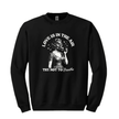 Black crewneck sweatshirt displaying retro gas mask illustration with humorous Love Is In The Air text
