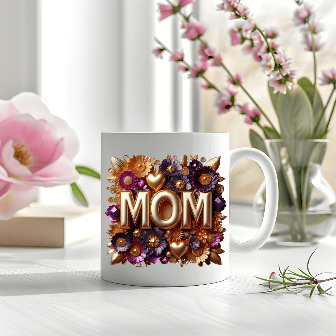 Floral MOM mug displayed on table with soft background flowers and natural lighting