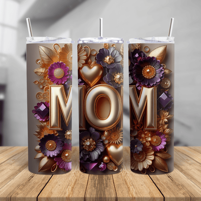 Floral MOM tumbler cup with gold letters, purple and gold flowers, insulated travel mug with lid and straw on wood surface