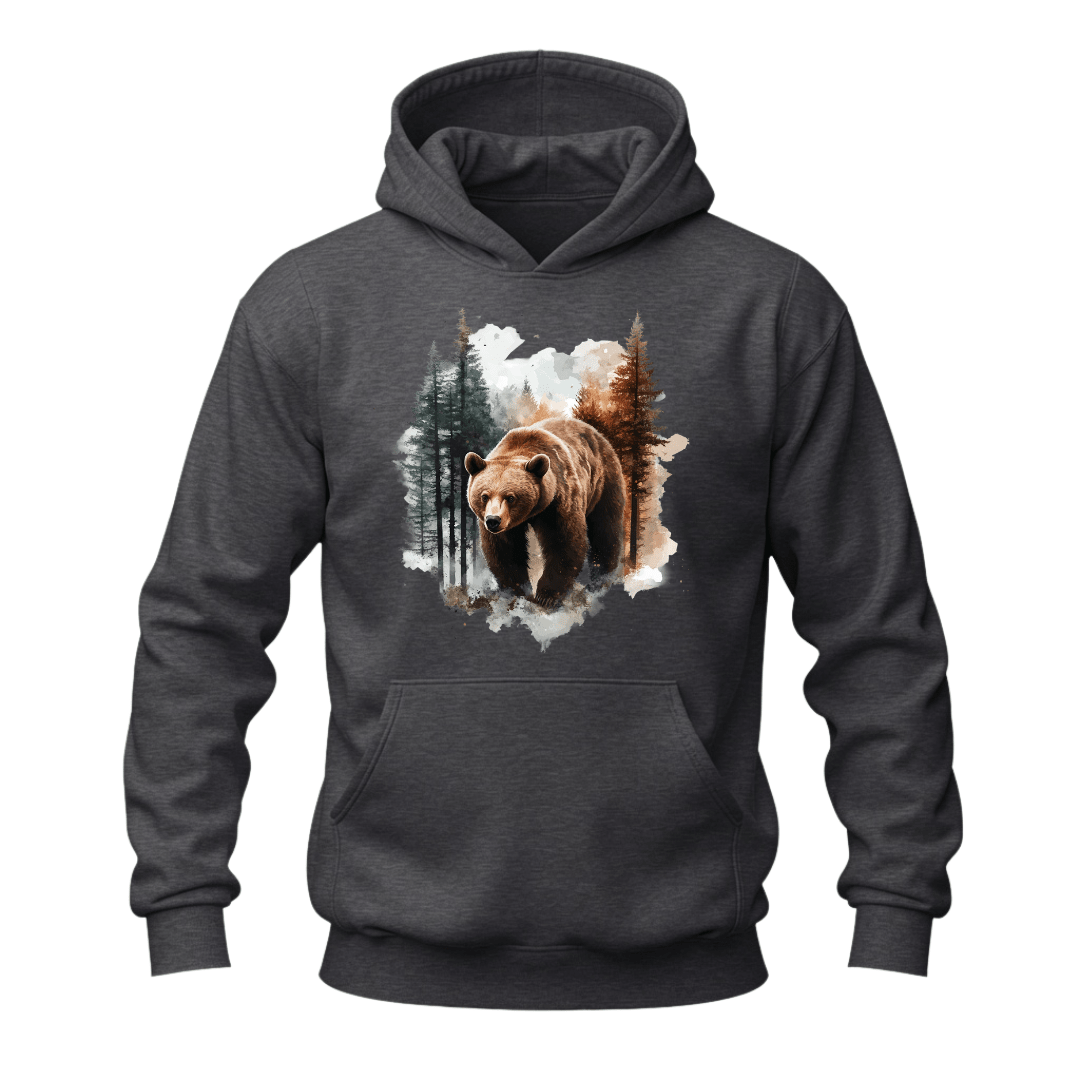 Dark Heather Grey outdoor hoodie with nature inspired grizzly bear artwork for wildlife lovers.