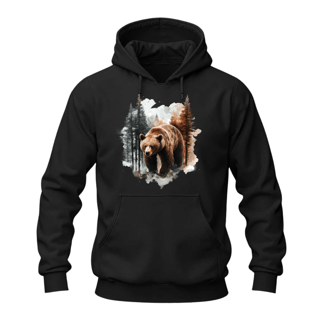 Black men's hoodie featuring a realistic grizzly bear walking through a pine forest watercolor design.