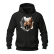 Black men's hoodie featuring a realistic grizzly bear walking through a pine forest watercolor design.