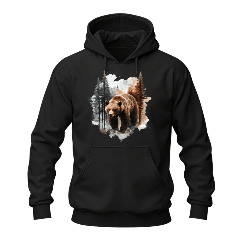 Black men's hoodie featuring a realistic grizzly bear walking through a pine forest watercolor design.