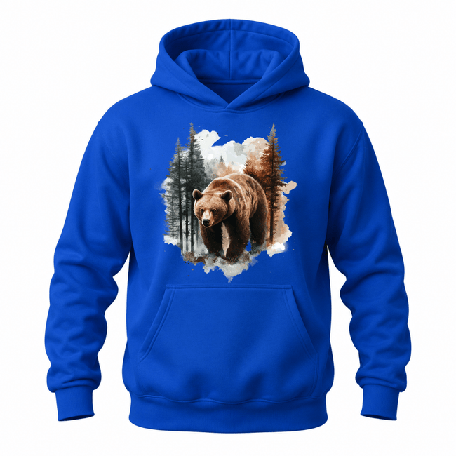 Royal Blue hoodie featuring wilderness inspired bear artwork with high quality full color printing.