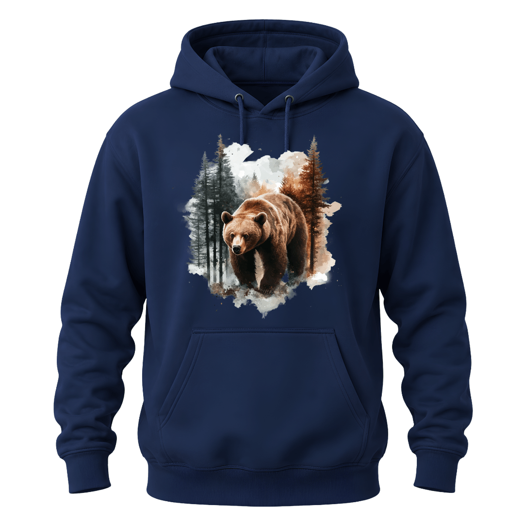 Navy Blue men's hoodie with realistic grizzly bear artwork for nature enthusiasts and outdoor explorers.