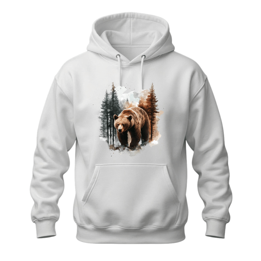 Premium men's hoodie featuring watercolor grizzly bear artwork surrounded by pine trees available in multiple colors and sizes.