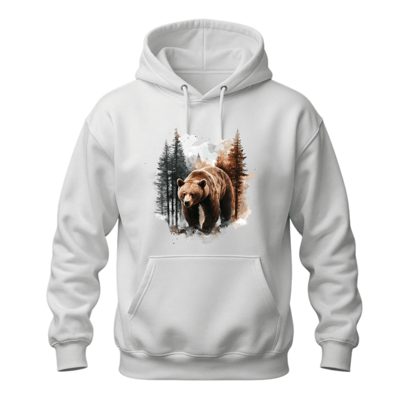 Premium men's hoodie featuring watercolor grizzly bear artwork surrounded by pine trees available in multiple colors and sizes.