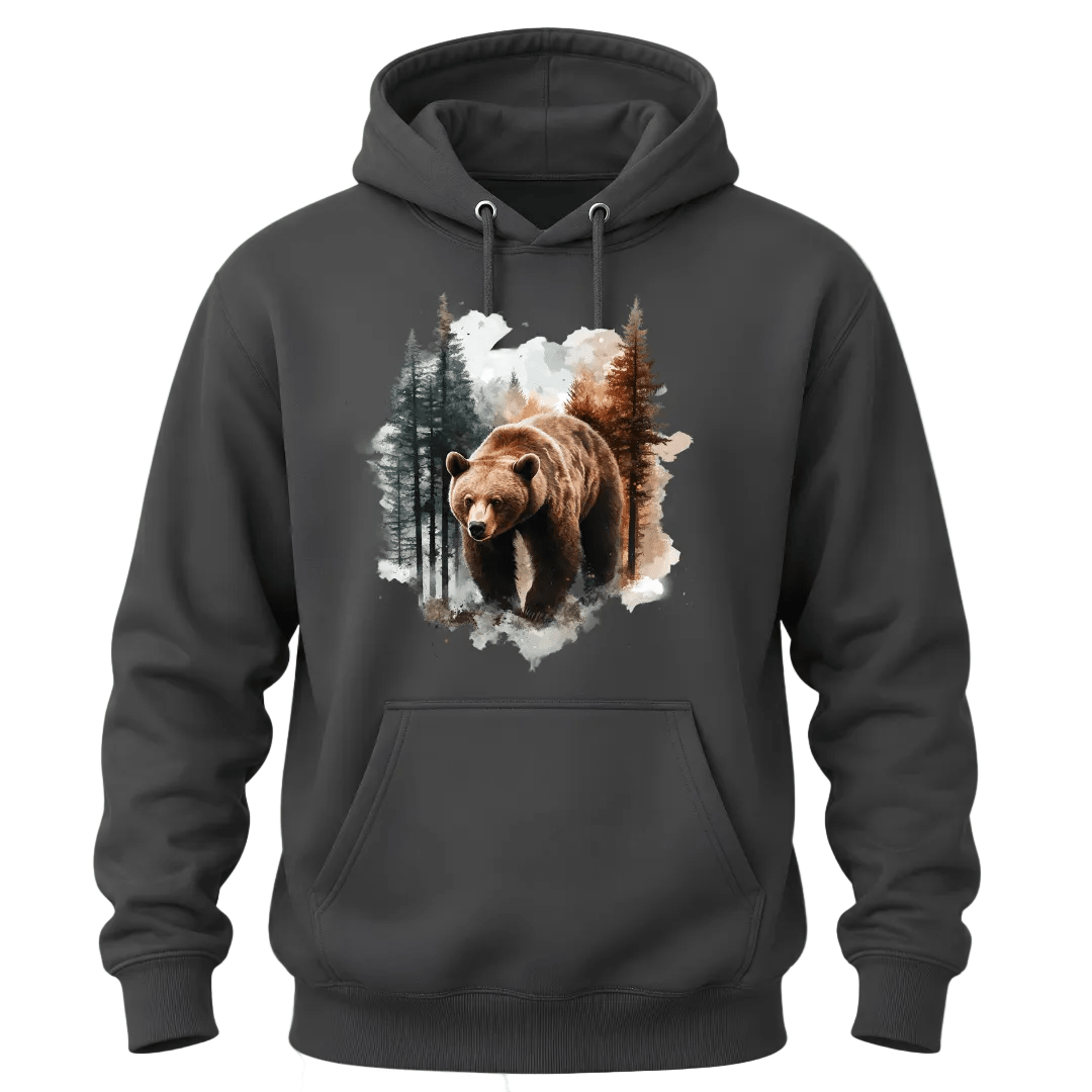 Charcoal Grey hoodie featuring watercolor forest scenery with a powerful brown bear illustration.