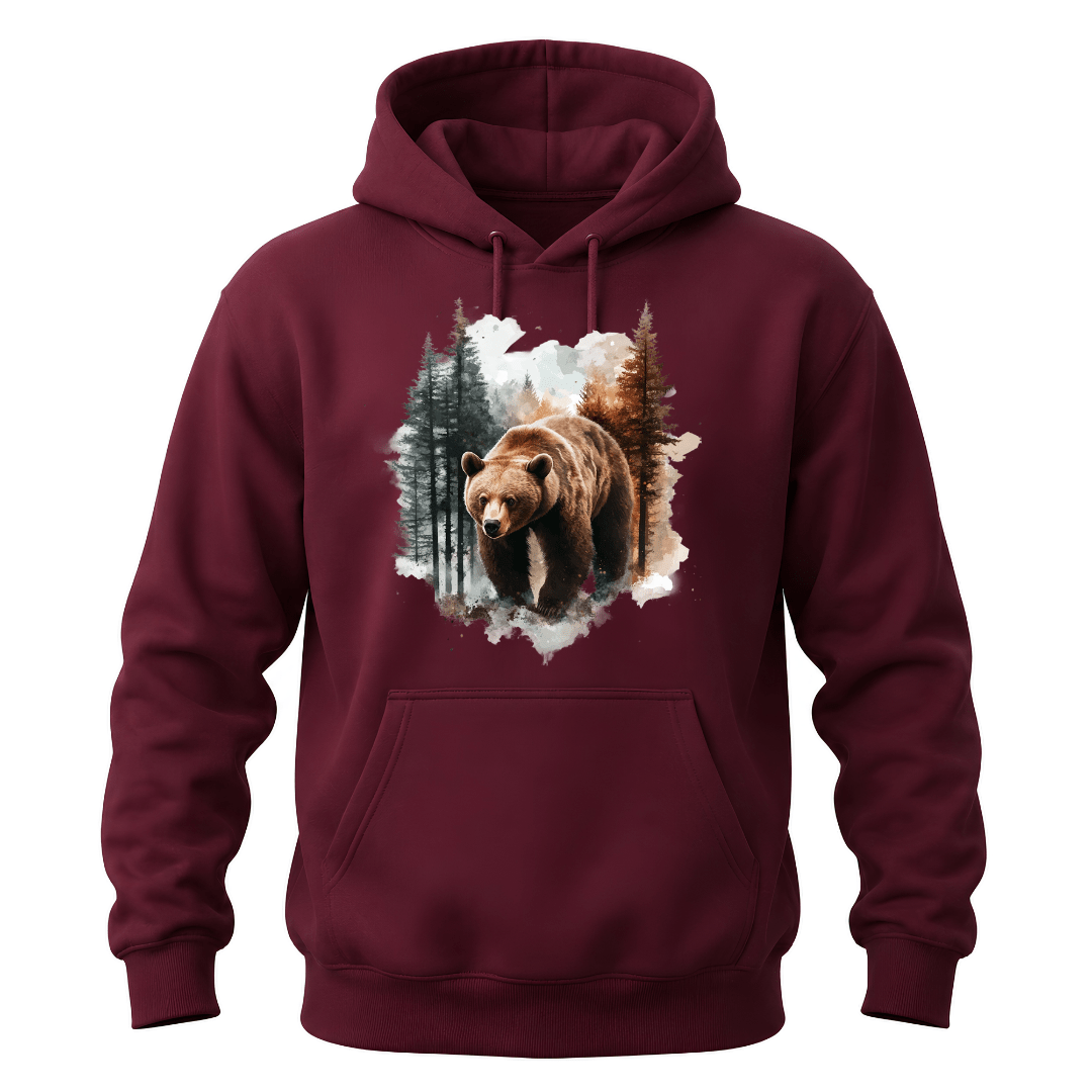 Maroon men's hoodie featuring a stunning wildlife graphic of a brown bear walking through evergreen trees.