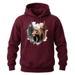 Maroon men's hoodie featuring a stunning wildlife graphic of a brown bear walking through evergreen trees.