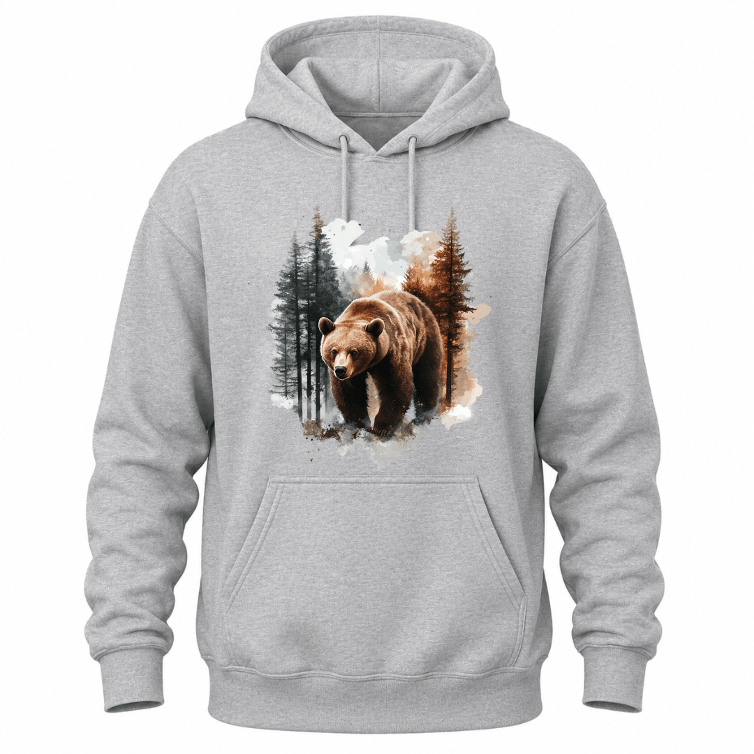 Sport Grey hoodie showcasing a detailed grizzly bear graphic inspired by the Canadian wilderness.