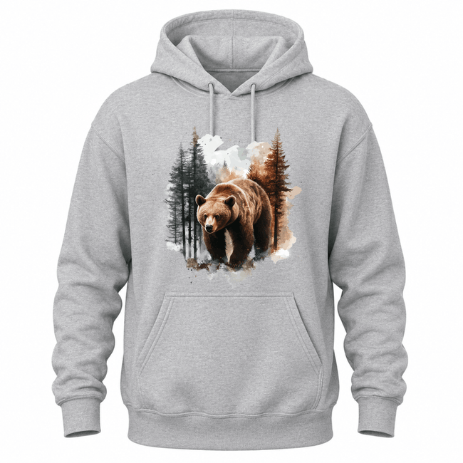 Sport Grey hoodie showcasing a detailed grizzly bear graphic inspired by the Canadian wilderness.