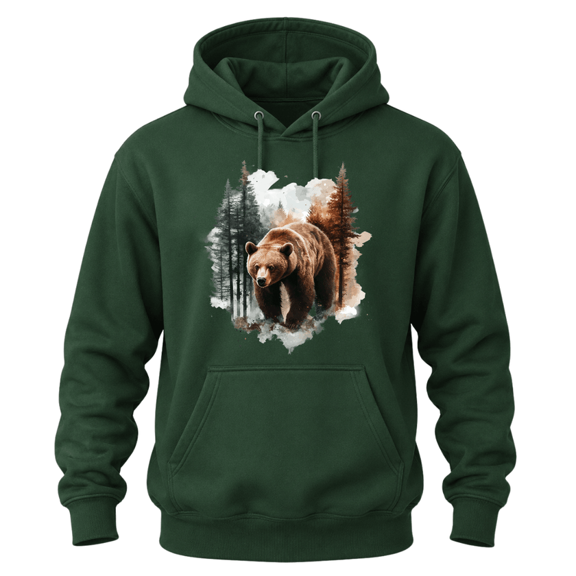 Forest Green hoodie displaying a majestic brown bear and pine forest graphic perfect for hiking enthusiasts.