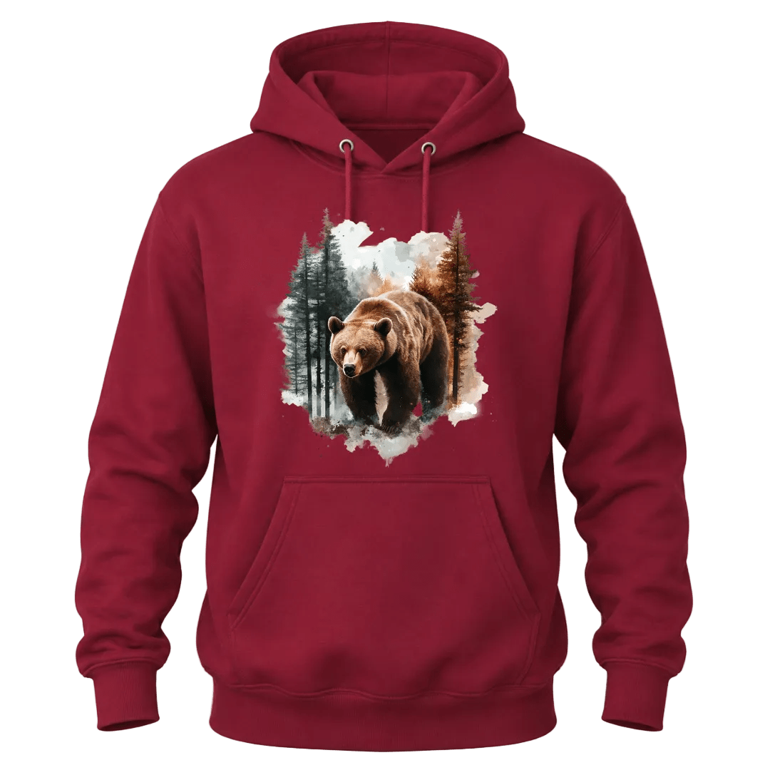 Cardinal Red hoodie displaying a majestic bear in a forest scene with watercolor style artwork.