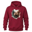 Cardinal Red hoodie displaying a majestic bear in a forest scene with watercolor style artwork.