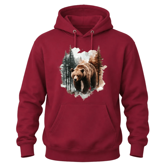 Cardinal Red hoodie displaying a majestic bear in a forest scene with watercolor style artwork.