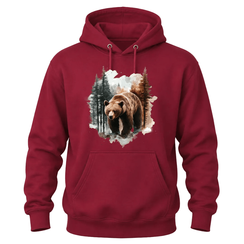 Cardinal Red hoodie displaying a majestic bear in a forest scene with watercolor style artwork.