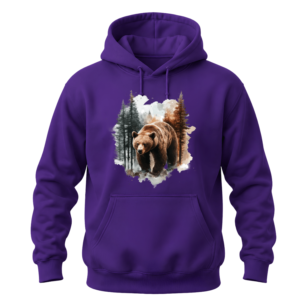 Purple hoodie featuring artistic bear and woodland scenery with premium wildlife inspired graphics.