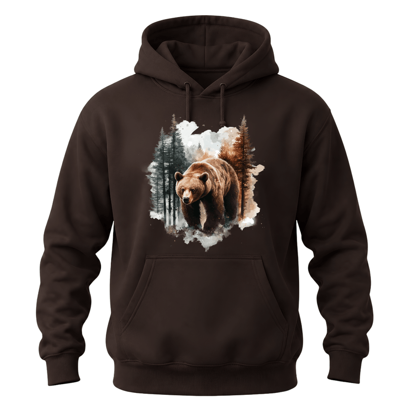 Chocolate Brown hoodie with rustic grizzly bear forest illustration designed for outdoor apparel lovers.