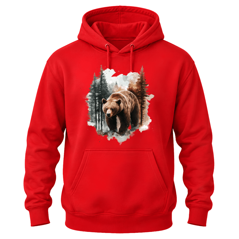 Red men's hoodie showcasing a detailed forest bear artwork ideal for camping, hiking, and outdoor adventures.