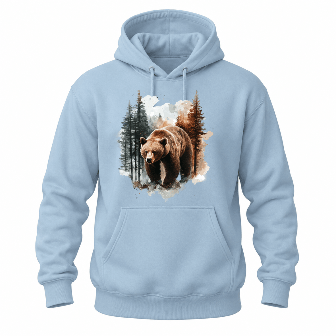Light Blue hoodie featuring a premium watercolor bear and forest landscape graphic.