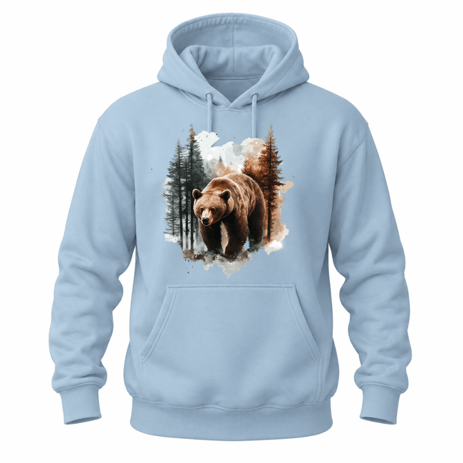 Light Blue hoodie featuring a premium watercolor bear and forest landscape graphic.