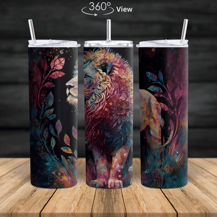 Colorful artistic lion stainless steel tumbler with floral wildlife design shown in 20oz and 30oz sizes on wooden surface