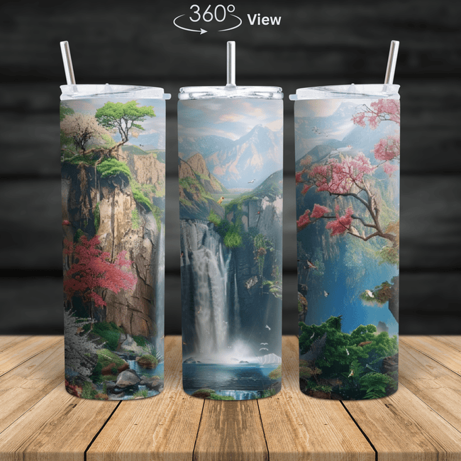 Nature landscape featuring a waterfall, mountains, cherry blossoms, and forest scenery on a stainless steel tumbler