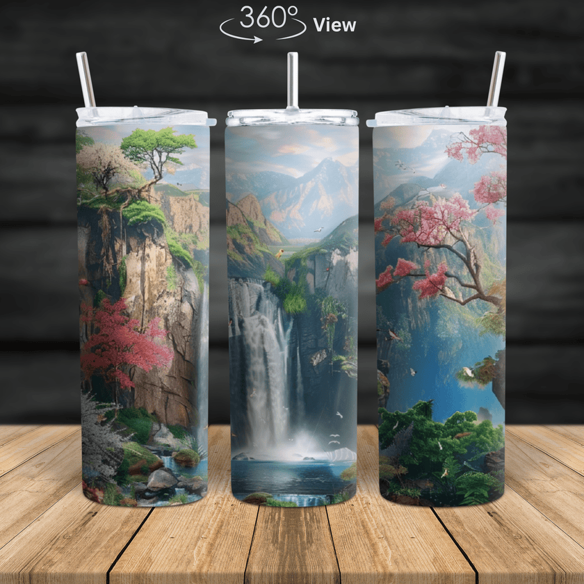 Nature landscape featuring a waterfall, mountains, cherry blossoms, and forest scenery on a stainless steel tumbler