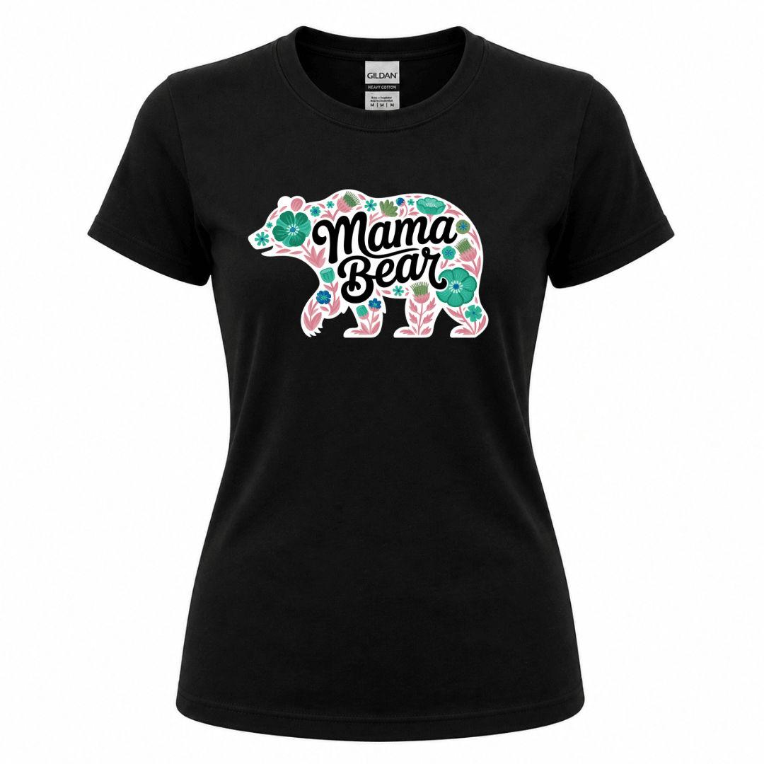 Black women's Gildan t-shirt with Mama Bear white bear silhouette filled with pink blooms, emerald green tropical leaves, and teal floral accents