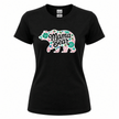 Black women's Gildan t-shirt with Mama Bear white bear silhouette filled with pink blooms, emerald green tropical leaves, and teal floral accents