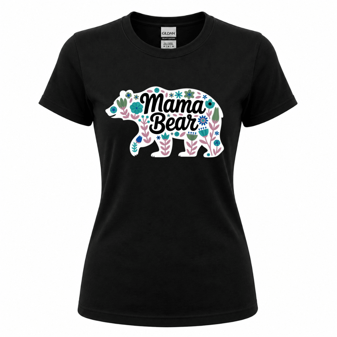Women's black crew neck t-shirt with white Mama Bear floral bear silhouette in soft pastel teal, blush pink, and sage green botanical florals