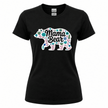 Women's black crew neck t-shirt with white Mama Bear floral bear silhouette in soft pastel teal, blush pink, and sage green botanical florals