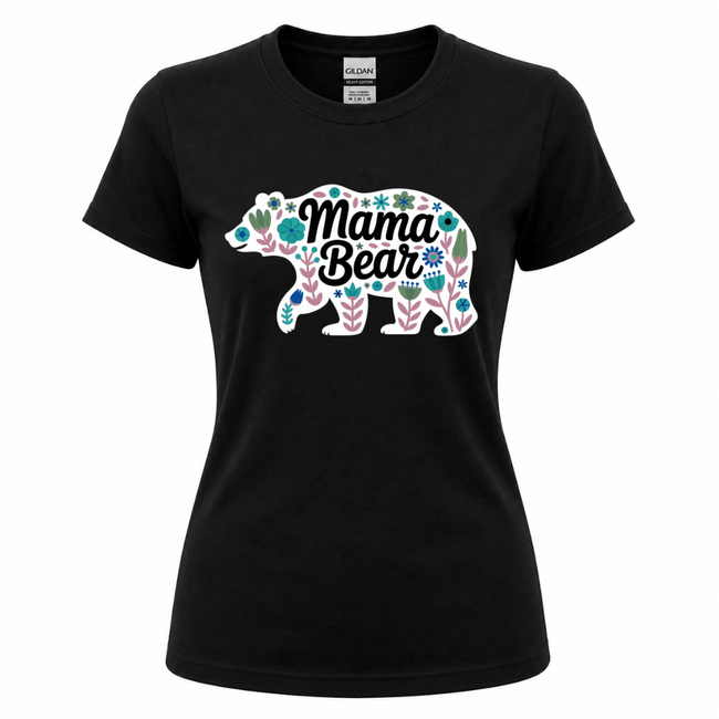 Women's black crew neck t-shirt with white Mama Bear floral bear silhouette in soft pastel teal, blush pink, and sage green botanical florals